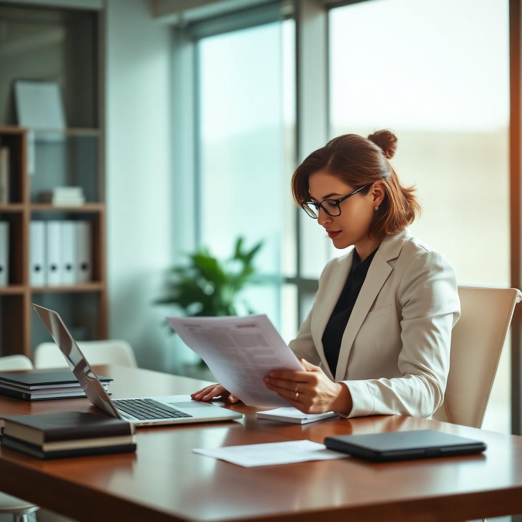 Attorney at a modern desk reviewing a document next to a laptop in a bright law firm office