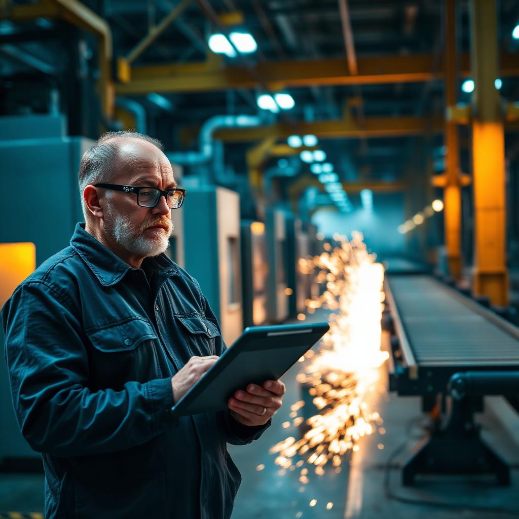 Shift supervisor with a rugged tablet on a manufacturing floor next to a conveyor line, sparks in the background