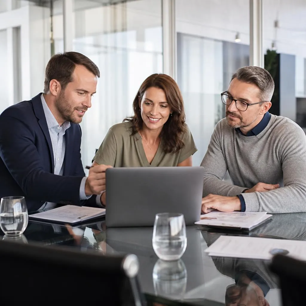 Three professional services consultants reviewing work on a laptop in a modern glass conference room