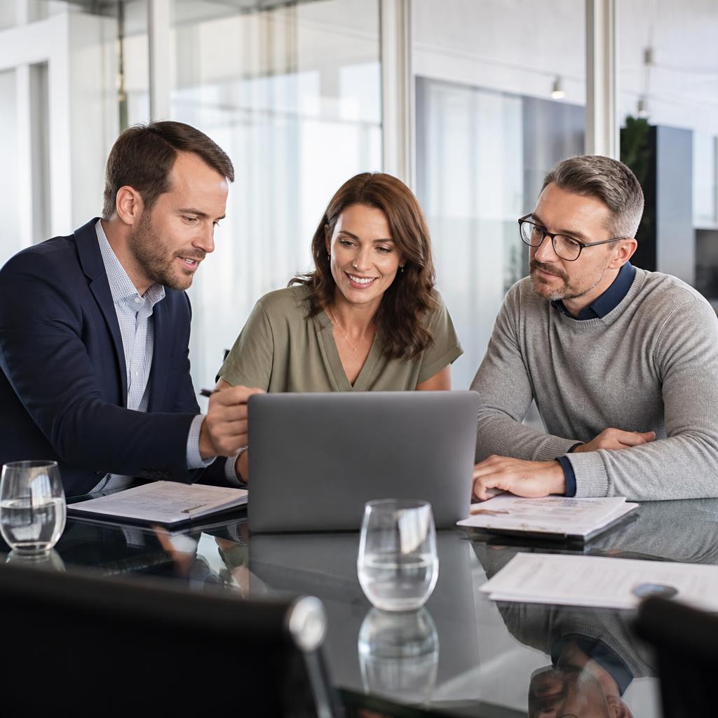 Three professional services consultants reviewing work on a laptop in a modern glass conference room